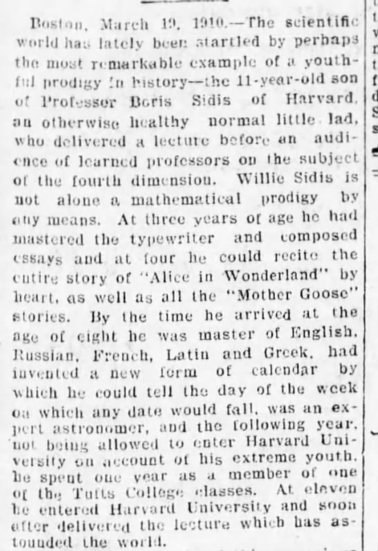 · Old Print Articles: William James Sidis, Prodigy Brooklyn  Daily Eagle (1910/44)