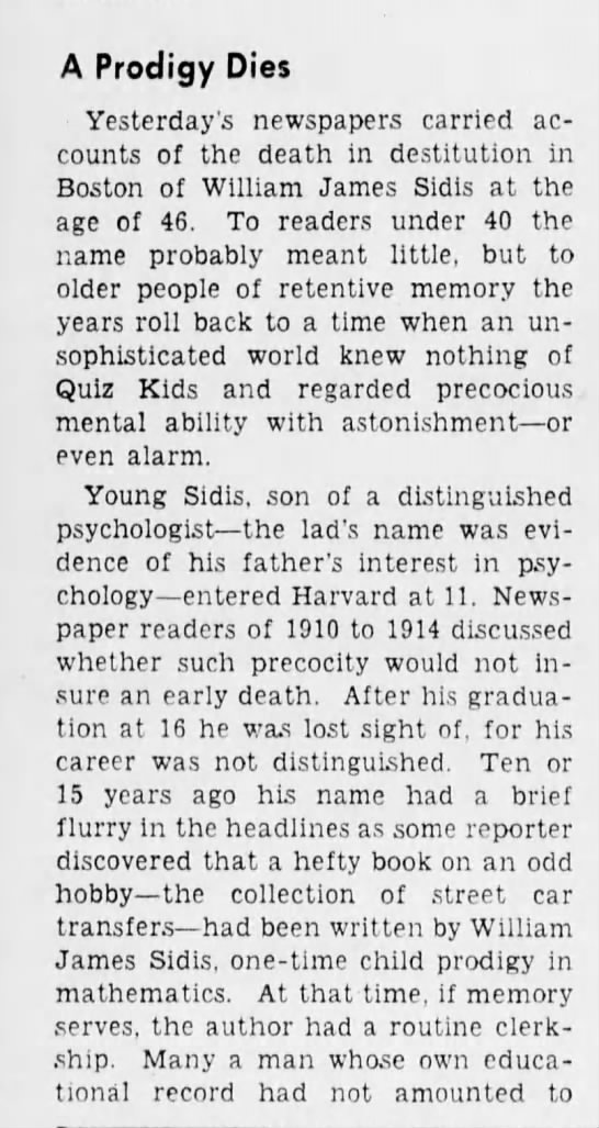 · Old Print Articles: William James Sidis, Prodigy Brooklyn  Daily Eagle (1910/44)