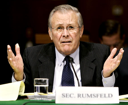 Secretary of Defense Donald Rumsfeld responds to a question as he defends President Bush's proposed $439.3 billion defense budget for 2007 during his testimony before the Senate Armed Services Committee on Capitol Hill in Washington, Tuesday, Feb. 7, 2006. Beyond budget matters, Rumsfeld told the panel that the U.S. military must continue to change in order to defend the nation against enemy terrorists who could acquire a nuclear weapon or launch a chemical attack against a major U.S. city. (AP Photo/J. Scott Applewhite) Original Filename: RUMSFELD_DCSA106.jpg