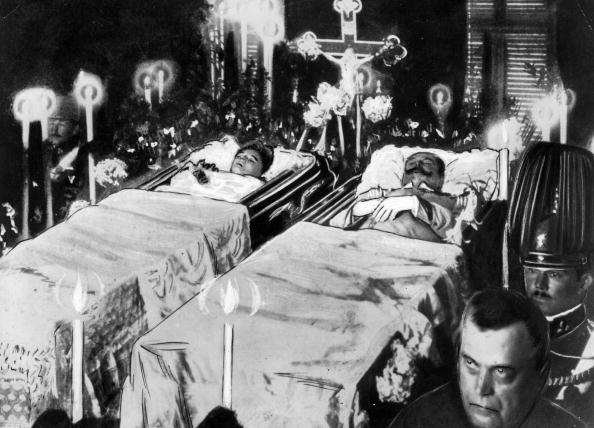The bodies of Franz Ferdinand, Archduke of Austria (1863 - 1914) and his wife Sophie lie in state after their assassination at Sarajevo. Original Publication: People Disc - HM0513 (Photo by Hulton Archive/Getty Images)