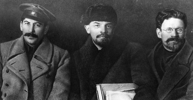 Russian revolutionaries and leaders Joseph Stalin (1879 - 1953), Vladimir Ilyich Lenin (1870 - 1924), and Mikhail Ivanovich Kalinin (1875 - 1946), at the Congress of the Russian Communist Party. (Photo by Hulton Archive/Getty Images)