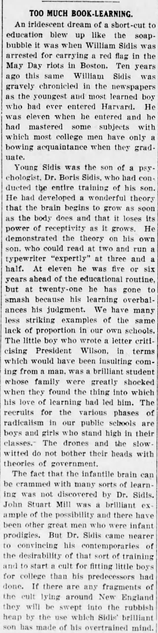 · Old Print Articles: William James Sidis, Prodigy Brooklyn  Daily Eagle (1910/44)